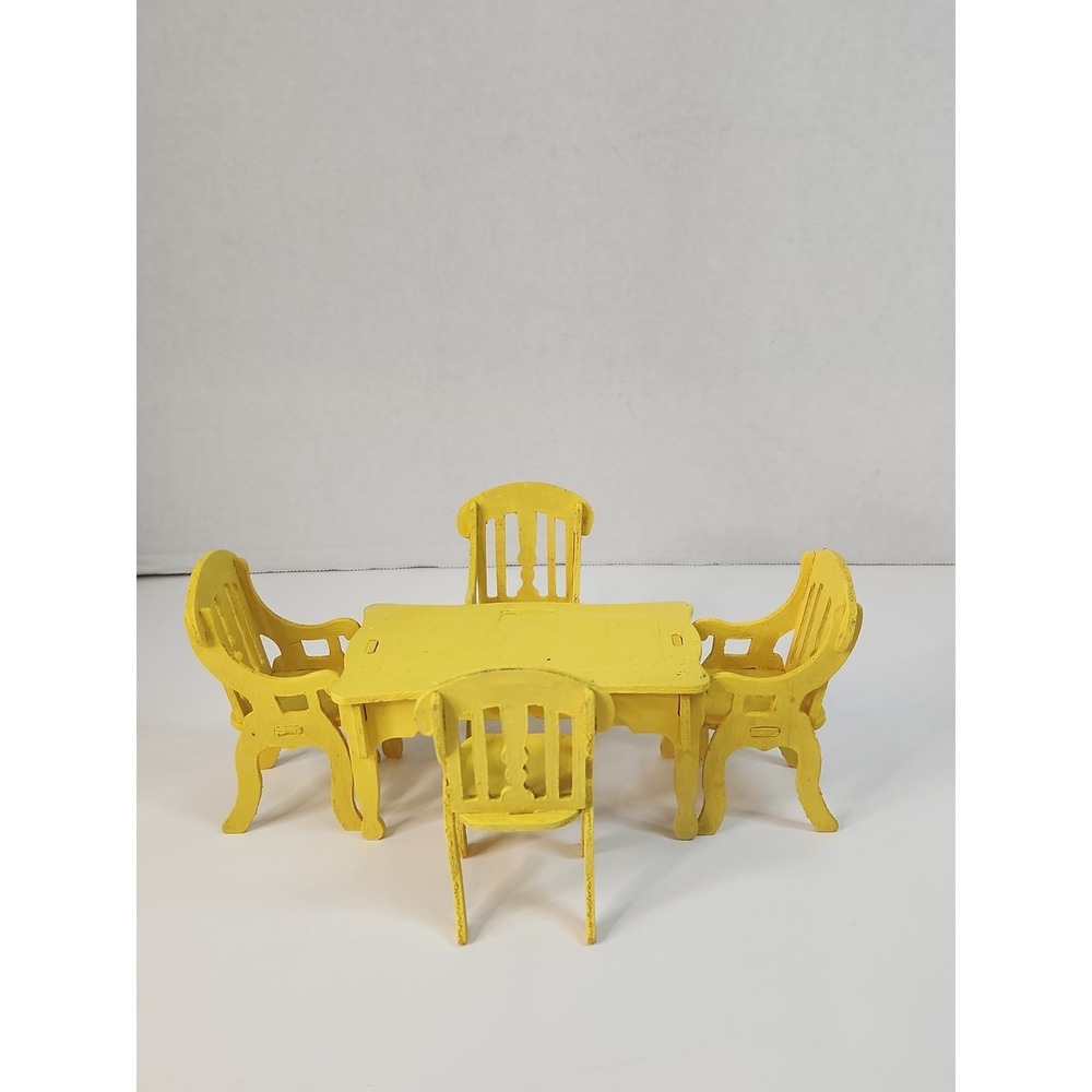 Miniature Yellow Dollhouse Dining Set 1:12 Wood Table 4 Chairs Hand Painted
